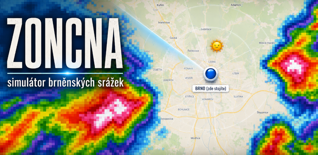 ZONCNA — simulátor brněnských srážek, radarová mapa Brna s dešťovými mraky